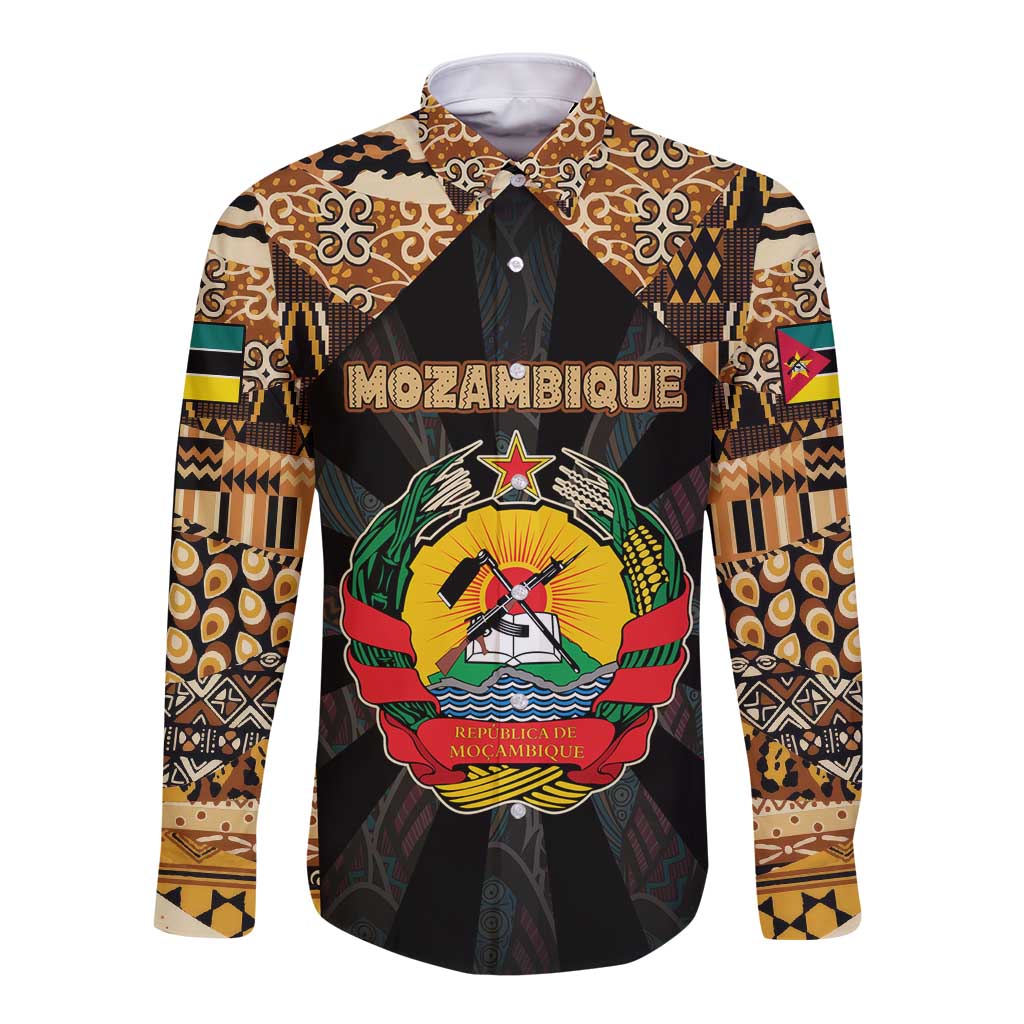 Mozambique Long Sleeve Button Shirt with Black Brown Tribal Design and National Emblem - Wonder Print Shop