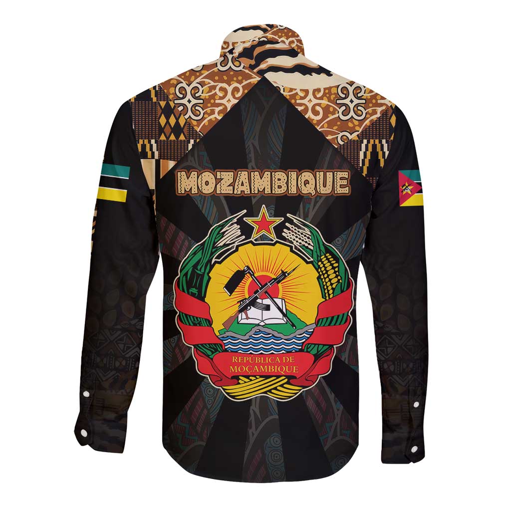 Mozambique Long Sleeve Button Shirt with Black Brown Tribal Design and National Emblem - Wonder Print Shop