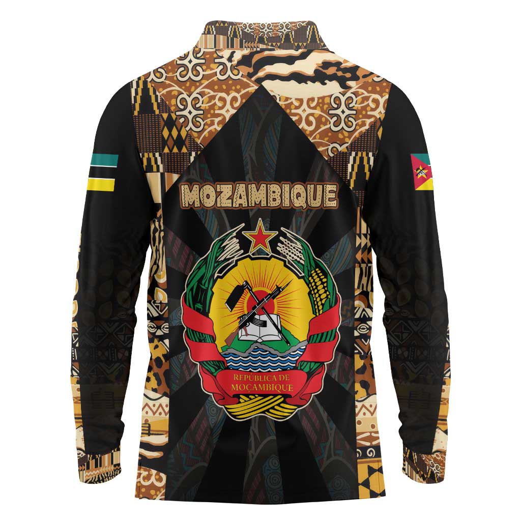 Mozambique Long Sleeve Polo Shirt with Black Brown Tribal Design and National Emblem - Wonder Print Shop