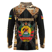 Mozambique Long Sleeve Polo Shirt with Black Brown Tribal Design and National Emblem - Wonder Print Shop