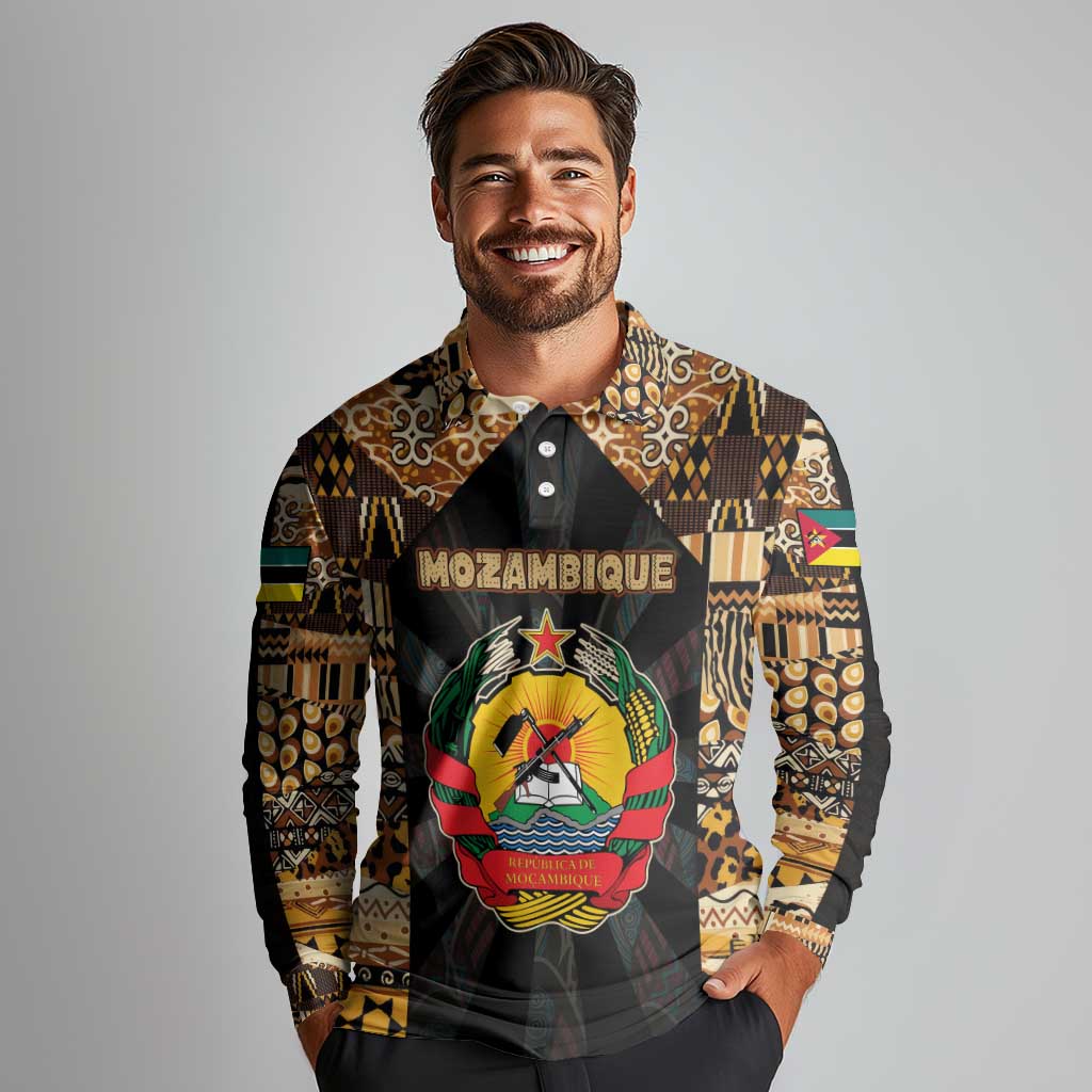 Mozambique Long Sleeve Polo Shirt with Black Brown Tribal Design and National Emblem - Wonder Print Shop