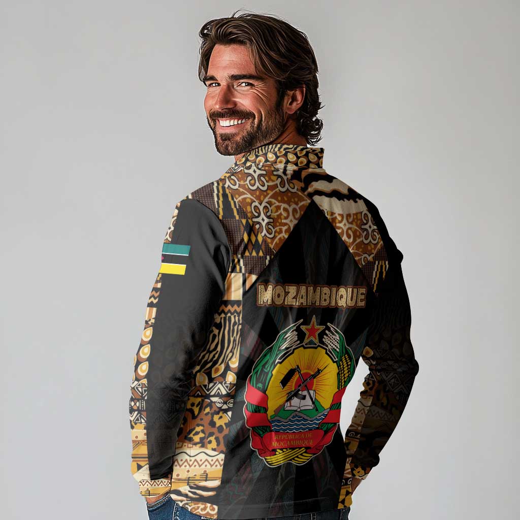 Mozambique Long Sleeve Polo Shirt with Black Brown Tribal Design and National Emblem - Wonder Print Shop