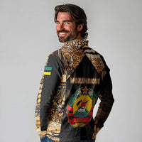 Mozambique Long Sleeve Polo Shirt with Black Brown Tribal Design and National Emblem - Wonder Print Shop