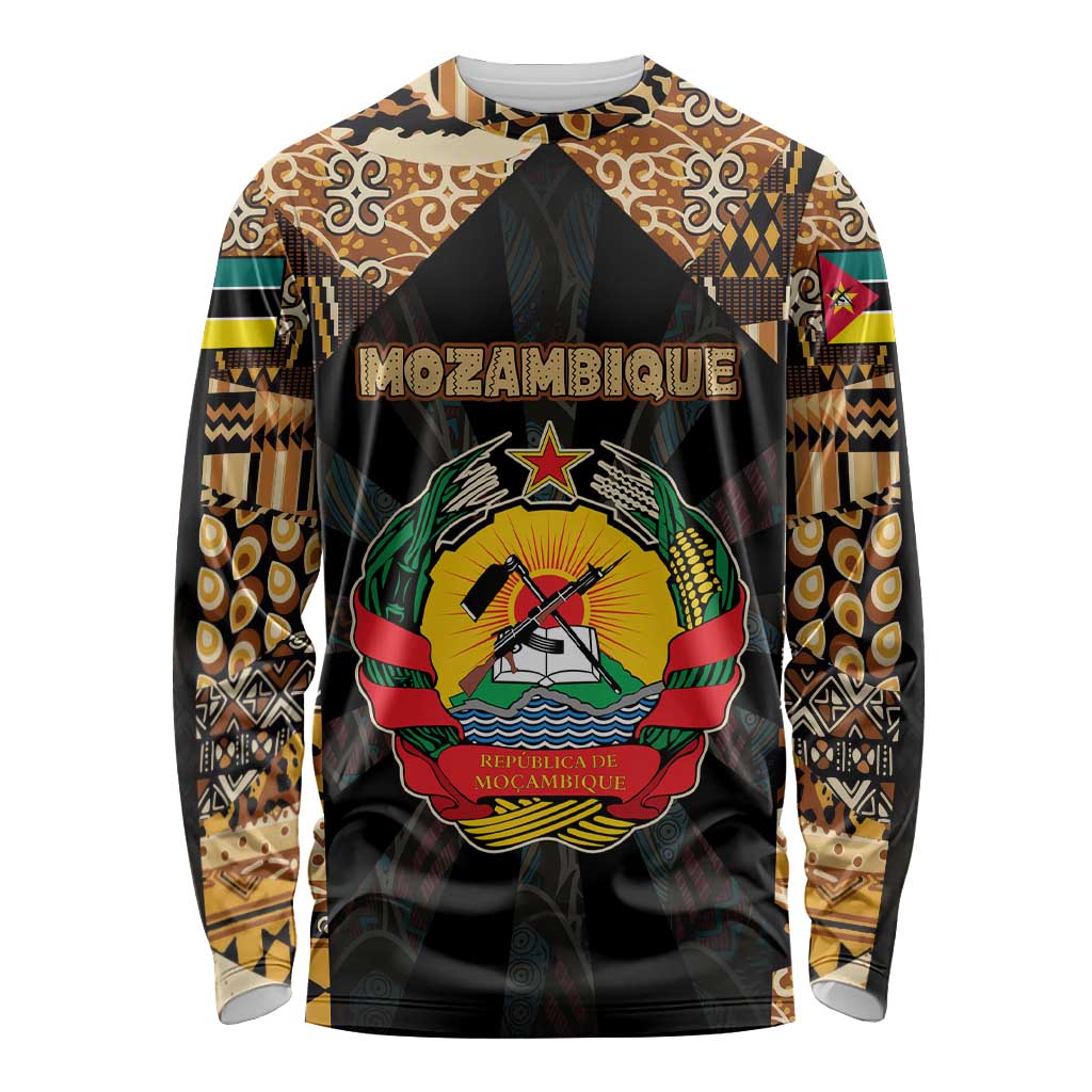 Mozambique Long Sleeve Shirt with Black Brown Tribal Design and National Emblem - Wonder Print Shop
