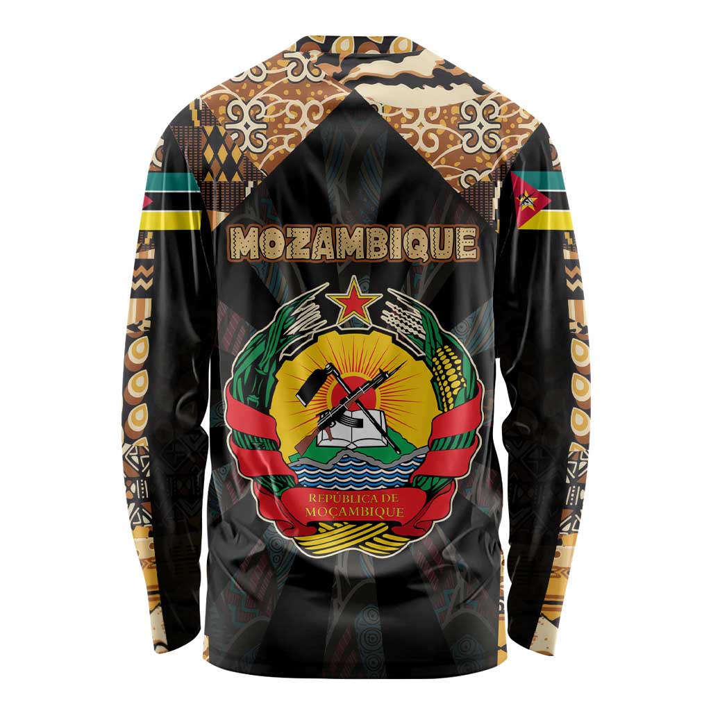 Mozambique Long Sleeve Shirt with Black Brown Tribal Design and National Emblem - Wonder Print Shop