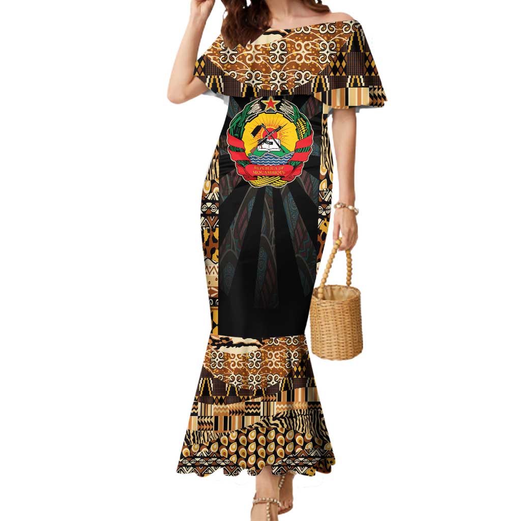 Mozambique Mermaid Dress with Black Brown Tribal Design and National Emblem - Wonder Print Shop