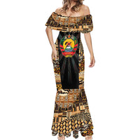 Mozambique Mermaid Dress with Black Brown Tribal Design and National Emblem - Wonder Print Shop