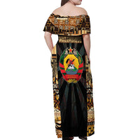 Mozambique Off Shoulder Maxi Dress with Black Brown Tribal Design and National Emblem - Wonder Print Shop