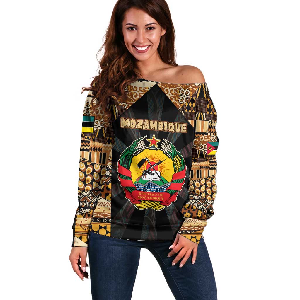 Mozambique Off Shoulder Sweater with Black Brown Tribal Design and National Emblem - Wonder Print Shop