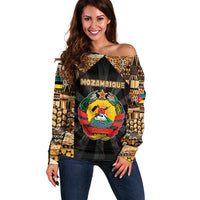 Mozambique Off Shoulder Sweater with Black Brown Tribal Design and National Emblem - Wonder Print Shop