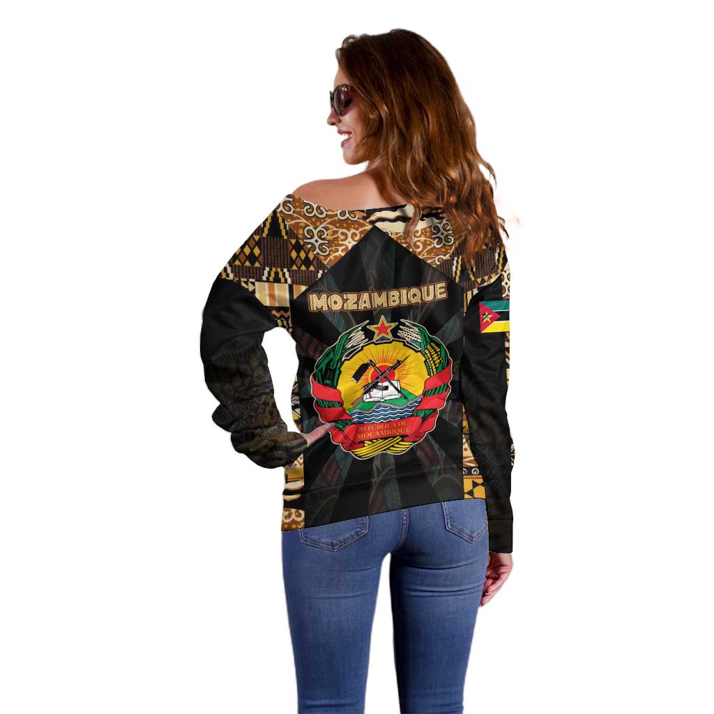 Mozambique Off Shoulder Sweater with Black Brown Tribal Design and National Emblem - Wonder Print Shop
