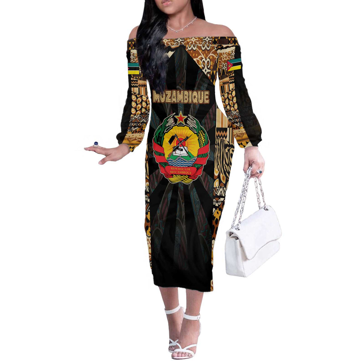 Mozambique Off The Shoulder Long Sleeve Dress with Black Brown Tribal Design and National Emblem - Wonder Print Shop