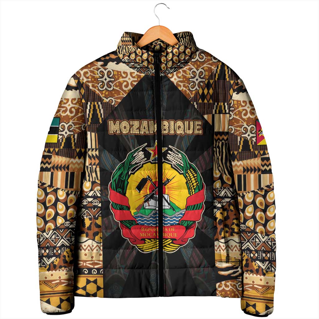 Mozambique Padded Jacket with Black Brown Tribal Design and National Emblem - Wonder Print Shop