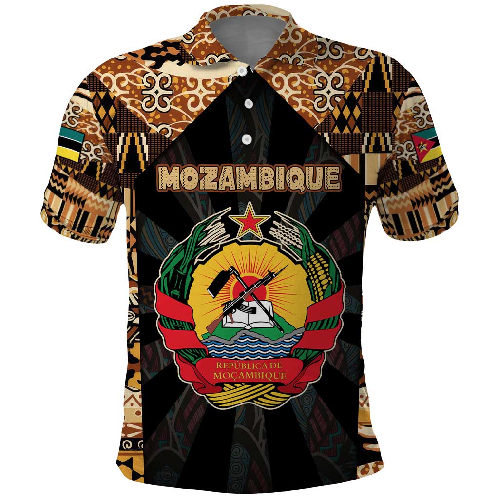 Mozambique Polo Shirt with Black Brown Tribal Design and National Emblem - Wonder Print Shop