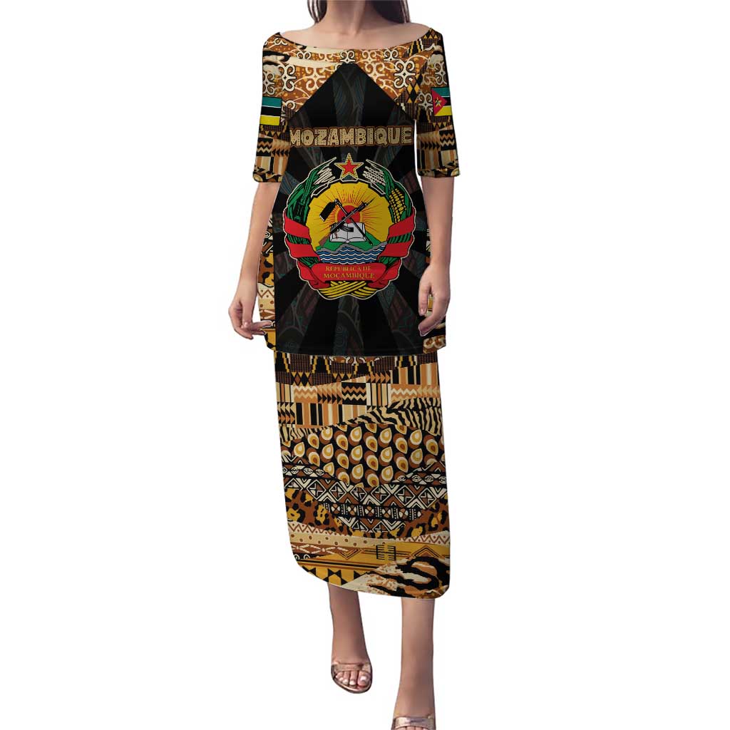 Mozambique Puletasi with Black Brown Tribal Design and National Emblem - Wonder Print Shop