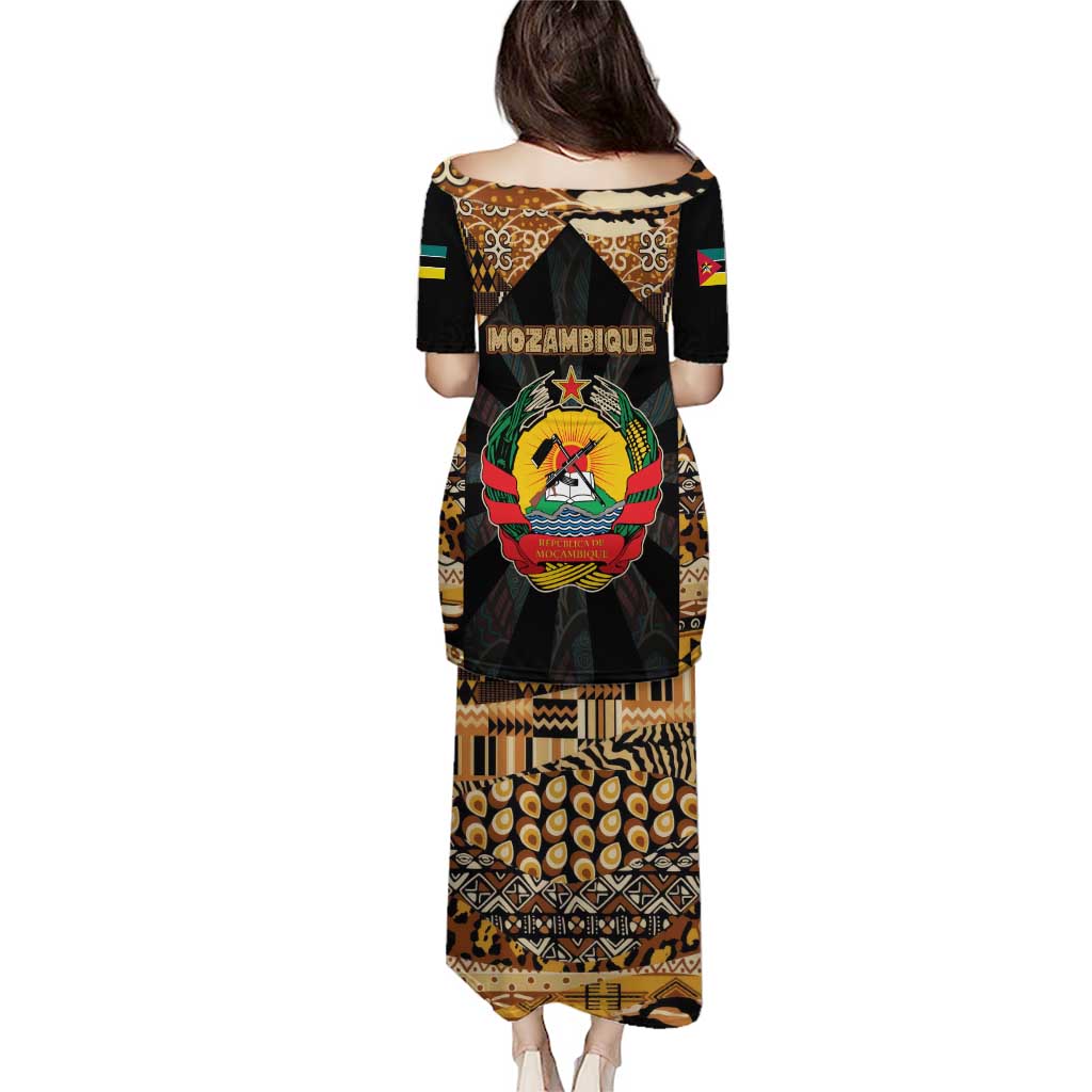 Mozambique Puletasi with Black Brown Tribal Design and National Emblem - Wonder Print Shop