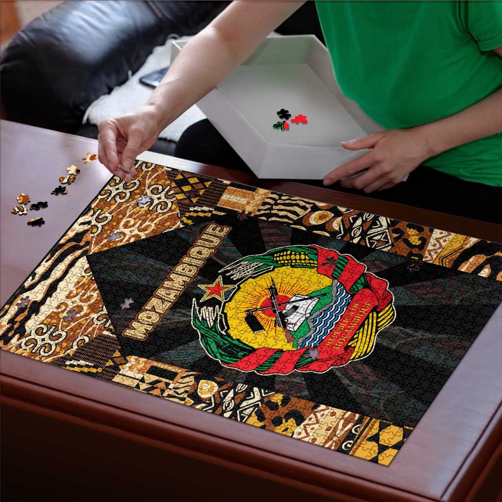 Mozambique Puzzle with Black Brown Tribal Design and National Emblem - Wonder Print Shop