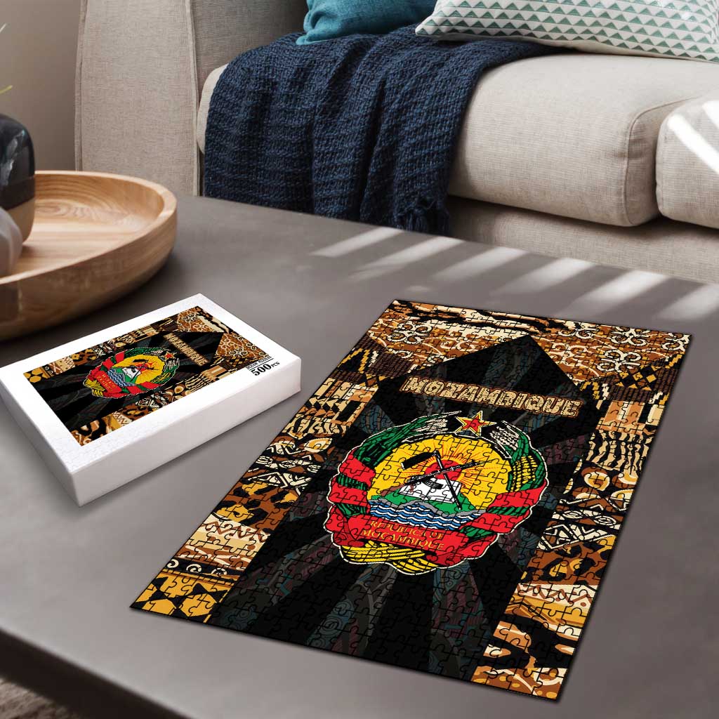 Mozambique Puzzle with Black Brown Tribal Design and National Emblem - Wonder Print Shop