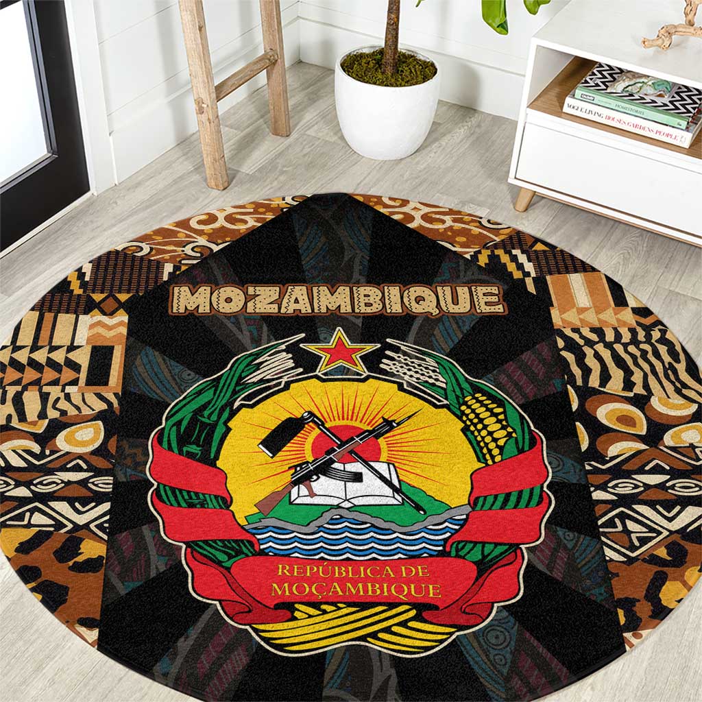 Mozambique Round Carpet with Black Brown Tribal Design and National Emblem - Wonder Print Shop