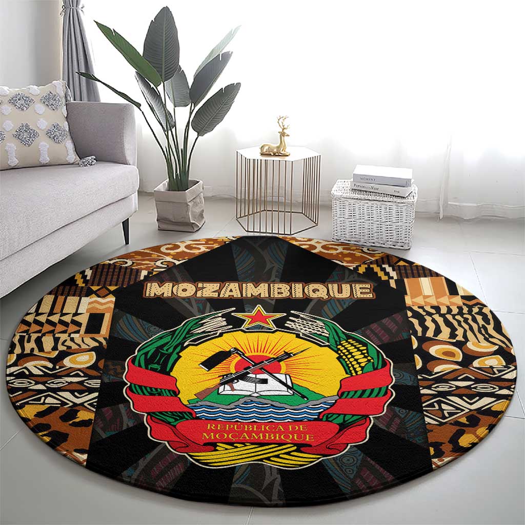 Mozambique Round Carpet with Black Brown Tribal Design and National Emblem - Wonder Print Shop