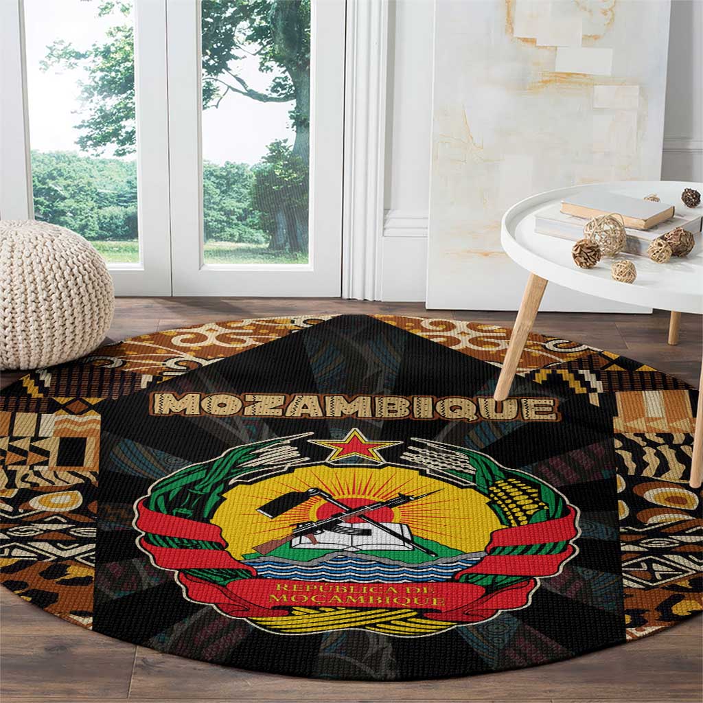 Mozambique Round Carpet with Black Brown Tribal Design and National Emblem - Wonder Print Shop