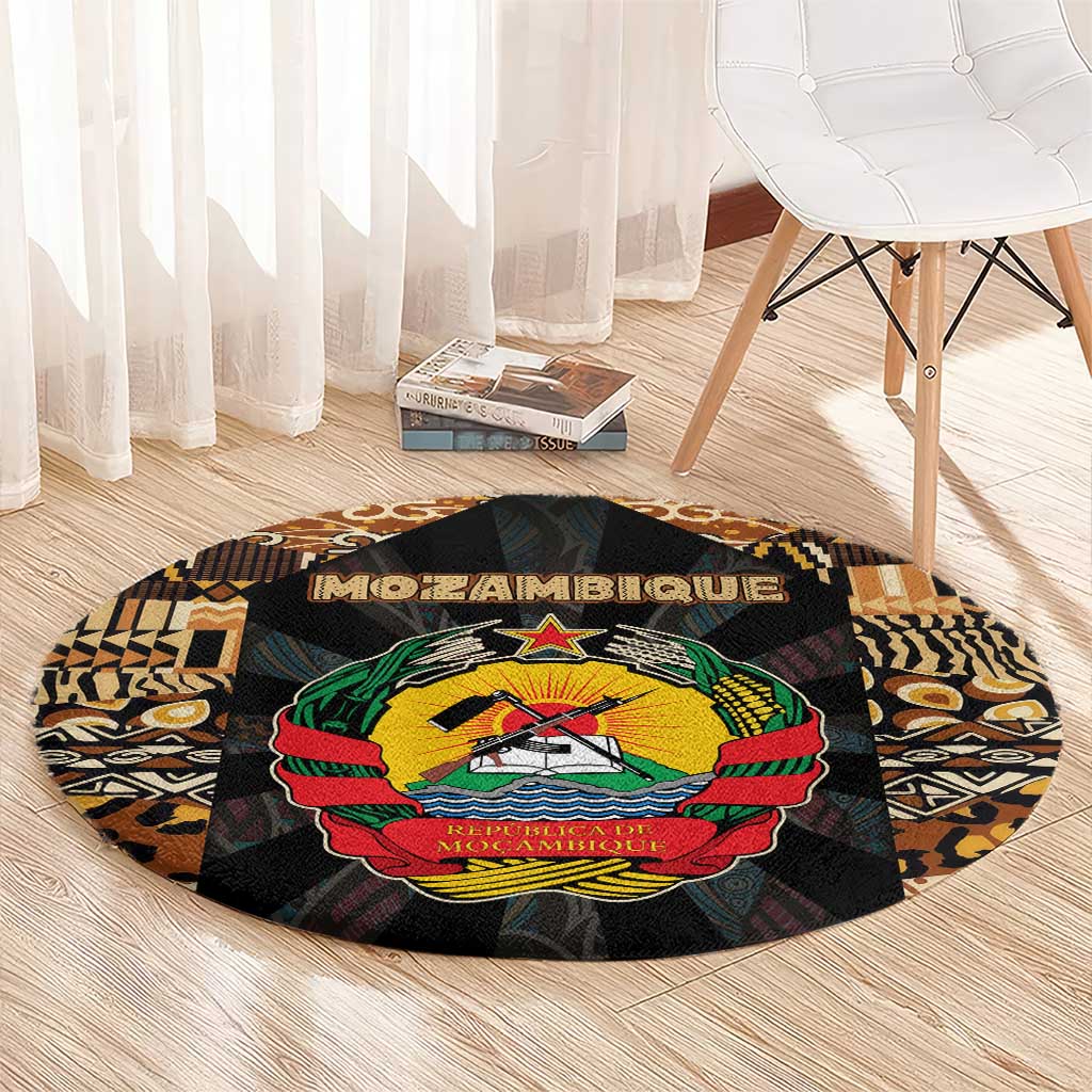 Mozambique Round Carpet with Black Brown Tribal Design and National Emblem - Wonder Print Shop