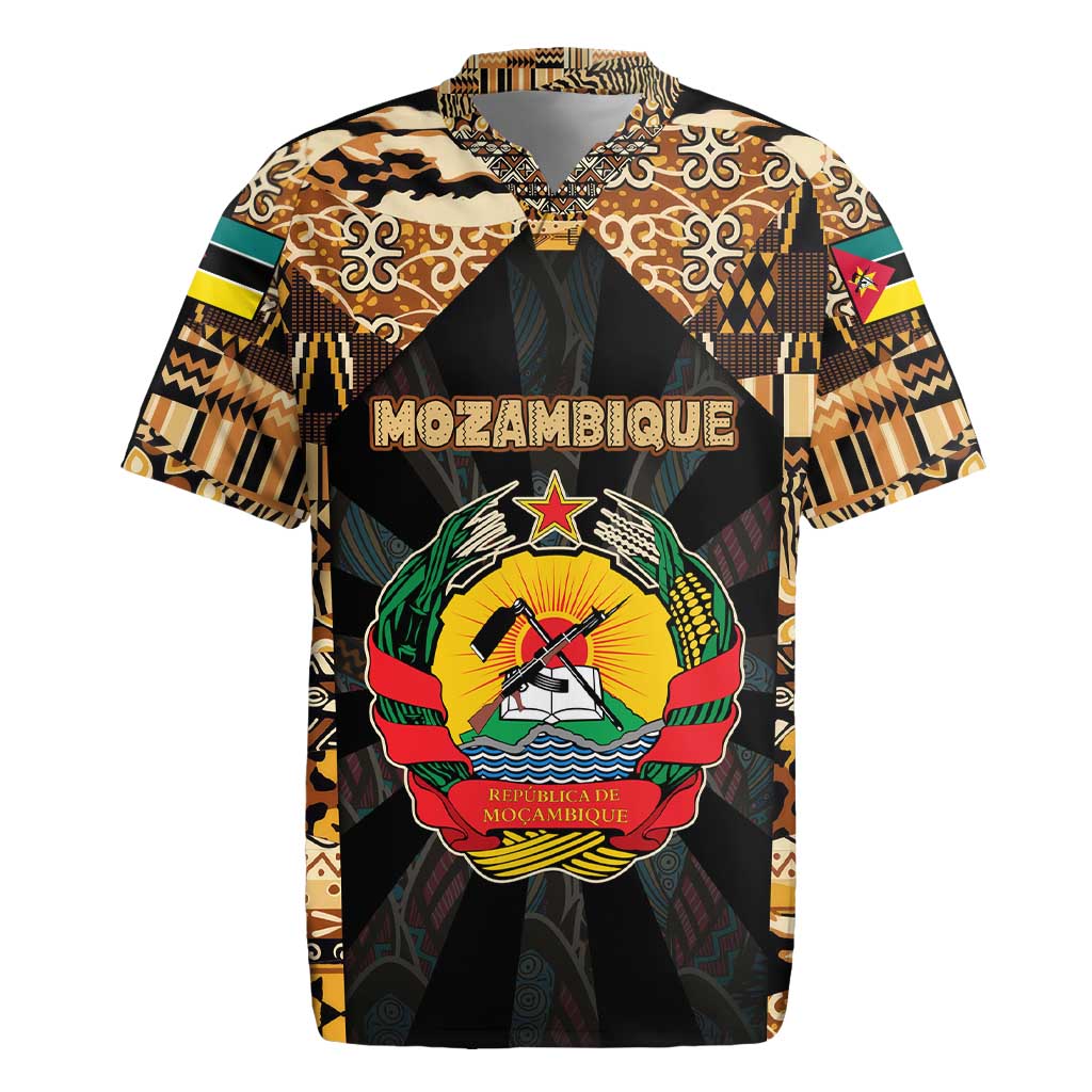 Mozambique Rugby Jersey with Black Brown Tribal Design and National Emblem - Wonder Print Shop