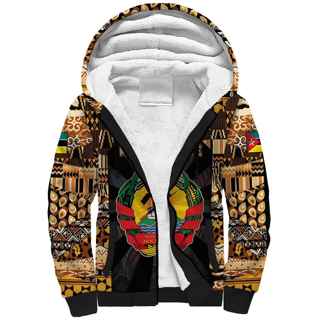 Mozambique Sherpa Hoodie with Black Brown Tribal Design and National Emblem - Wonder Print Shop
