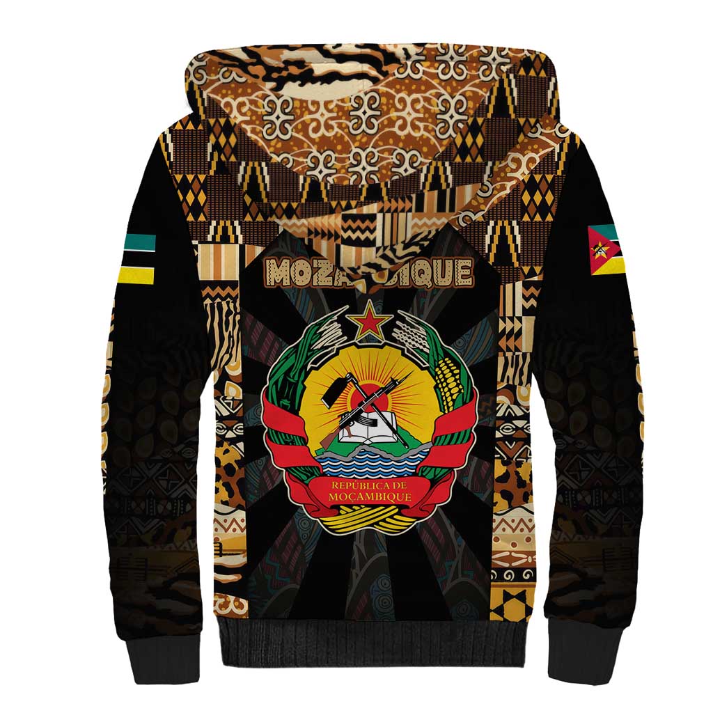 Mozambique Sherpa Hoodie with Black Brown Tribal Design and National Emblem - Wonder Print Shop