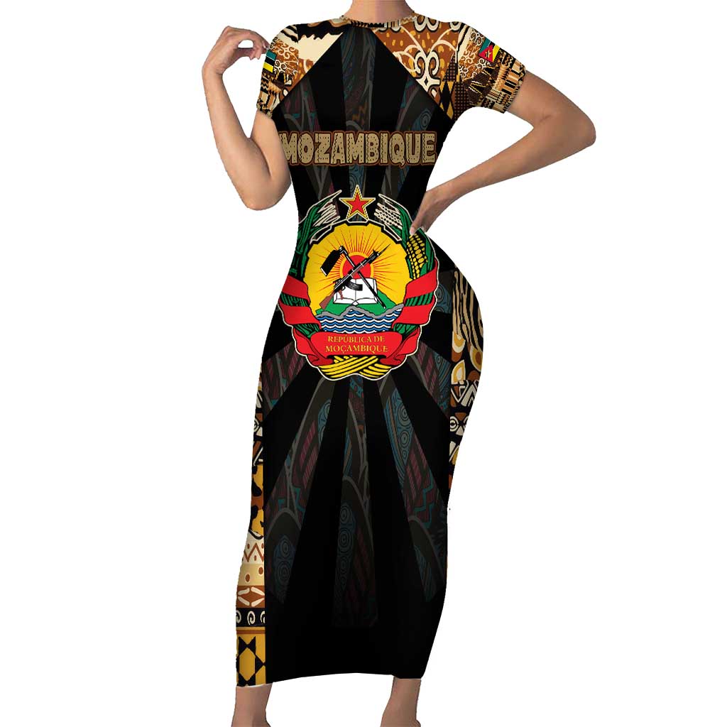 Mozambique Short Sleeve Bodycon Dress with Black Brown Tribal Design and National Emblem - Wonder Print Shop