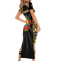 Mozambique Short Sleeve Bodycon Dress with Black Brown Tribal Design and National Emblem - Wonder Print Shop