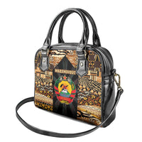 Mozambique Shoulder Handbag with Black Brown Tribal Design and National Emblem - Wonder Print Shop
