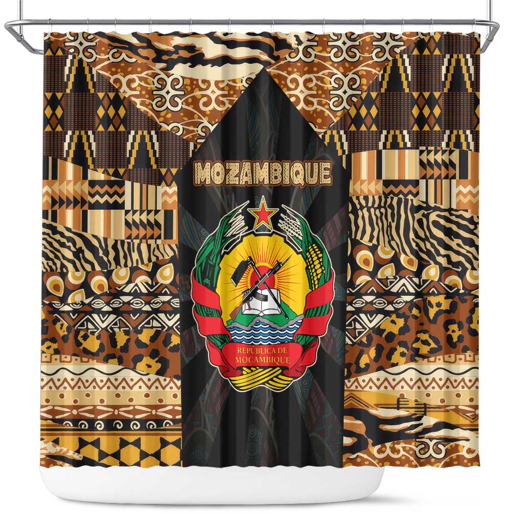 Mozambique Shower Curtain with Black Brown Tribal Design and National Emblem - Wonder Print Shop