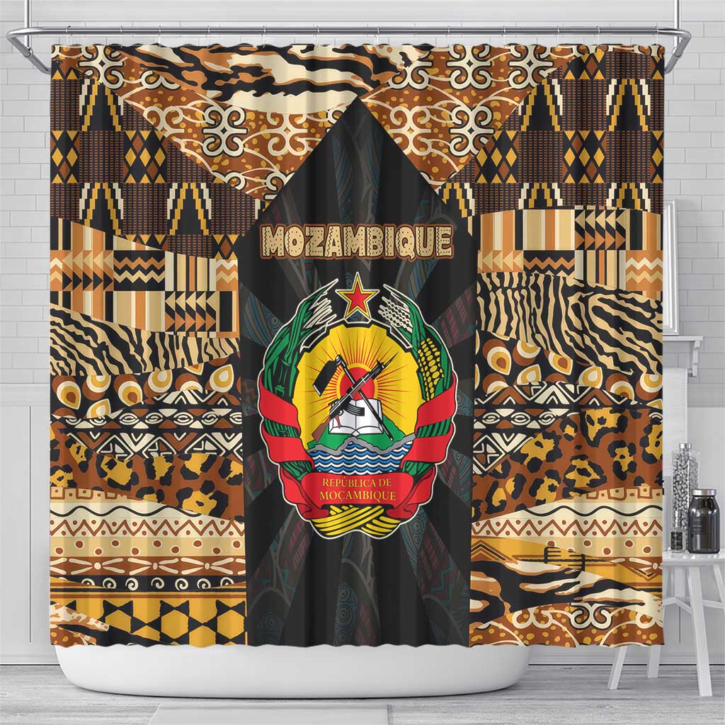 Mozambique Shower Curtain with Black Brown Tribal Design and National Emblem - Wonder Print Shop