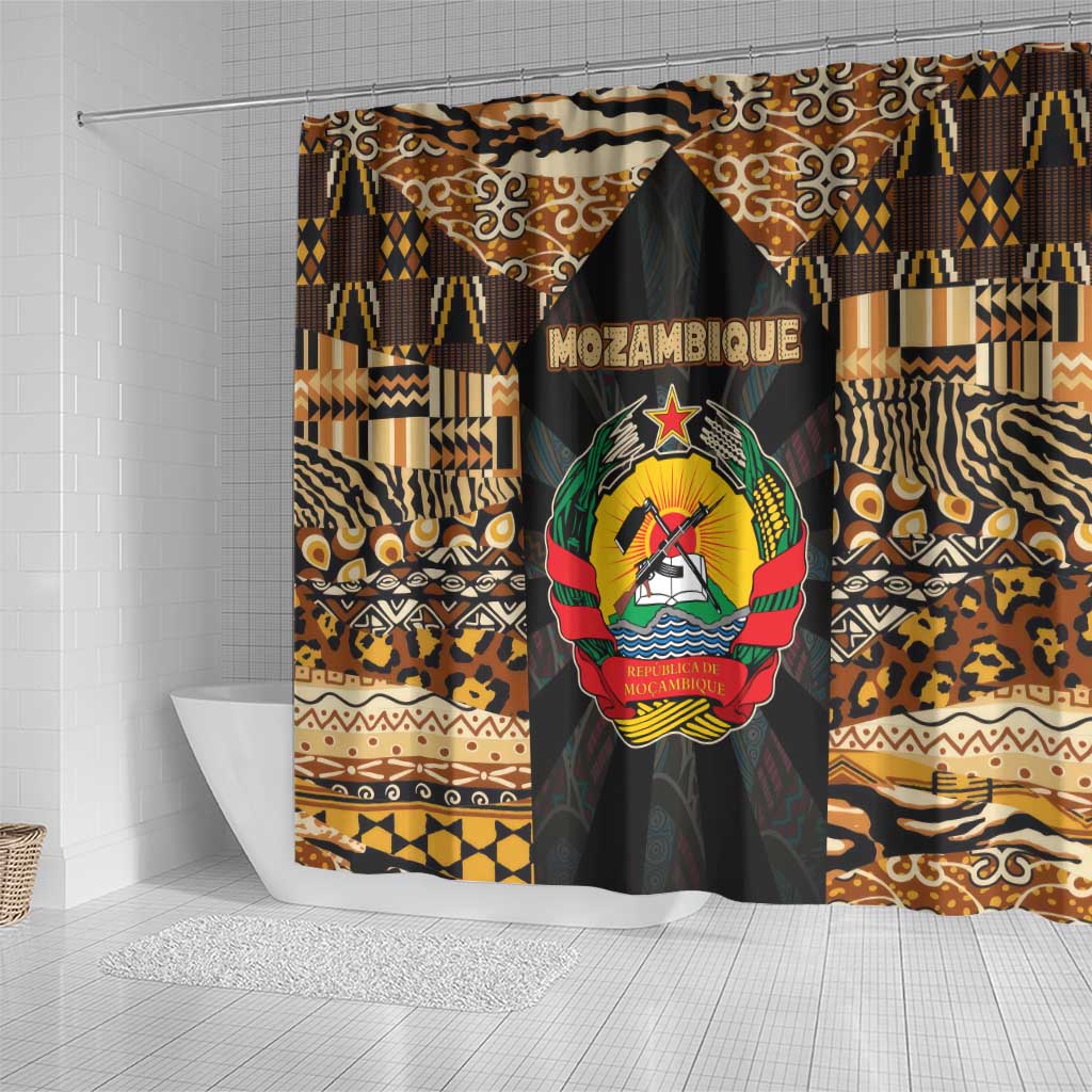 Mozambique Shower Curtain with Black Brown Tribal Design and National Emblem - Wonder Print Shop