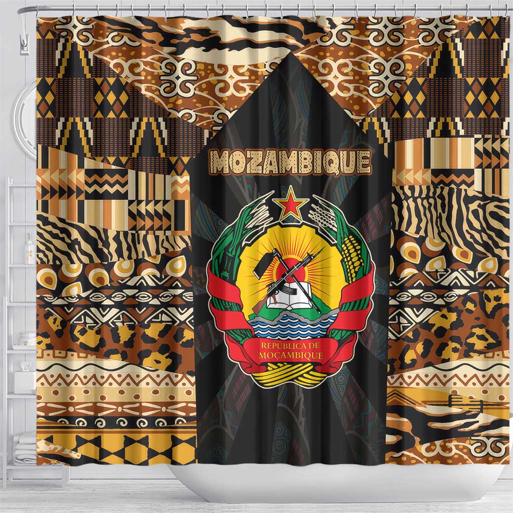 Mozambique Shower Curtain with Black Brown Tribal Design and National Emblem - Wonder Print Shop