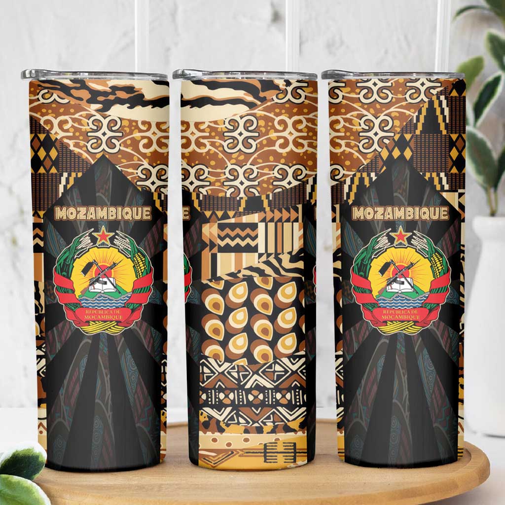 Mozambique Skinny Tumbler with Black Brown Tribal Design and National Emblem - Wonder Print Shop
