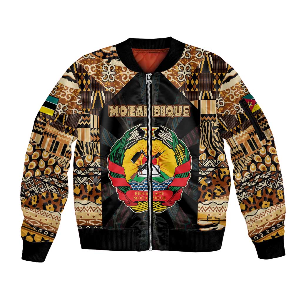 Mozambique Sleeve Zip Bomber Jacket with Black Brown Tribal Design and National Emblem - Wonder Print Shop