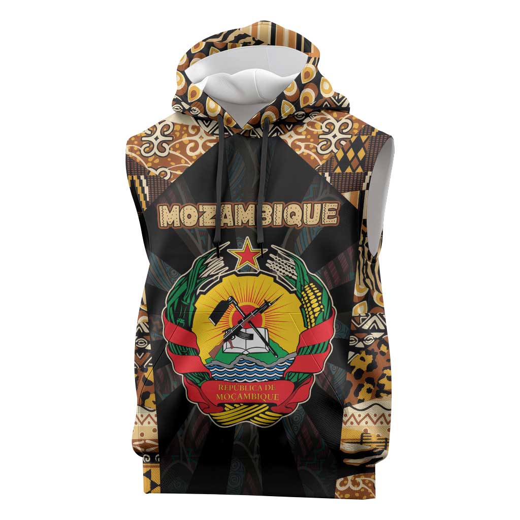 Mozambique Sleeveless Hoodie with Black Brown Tribal Design and National Emblem - Wonder Print Shop