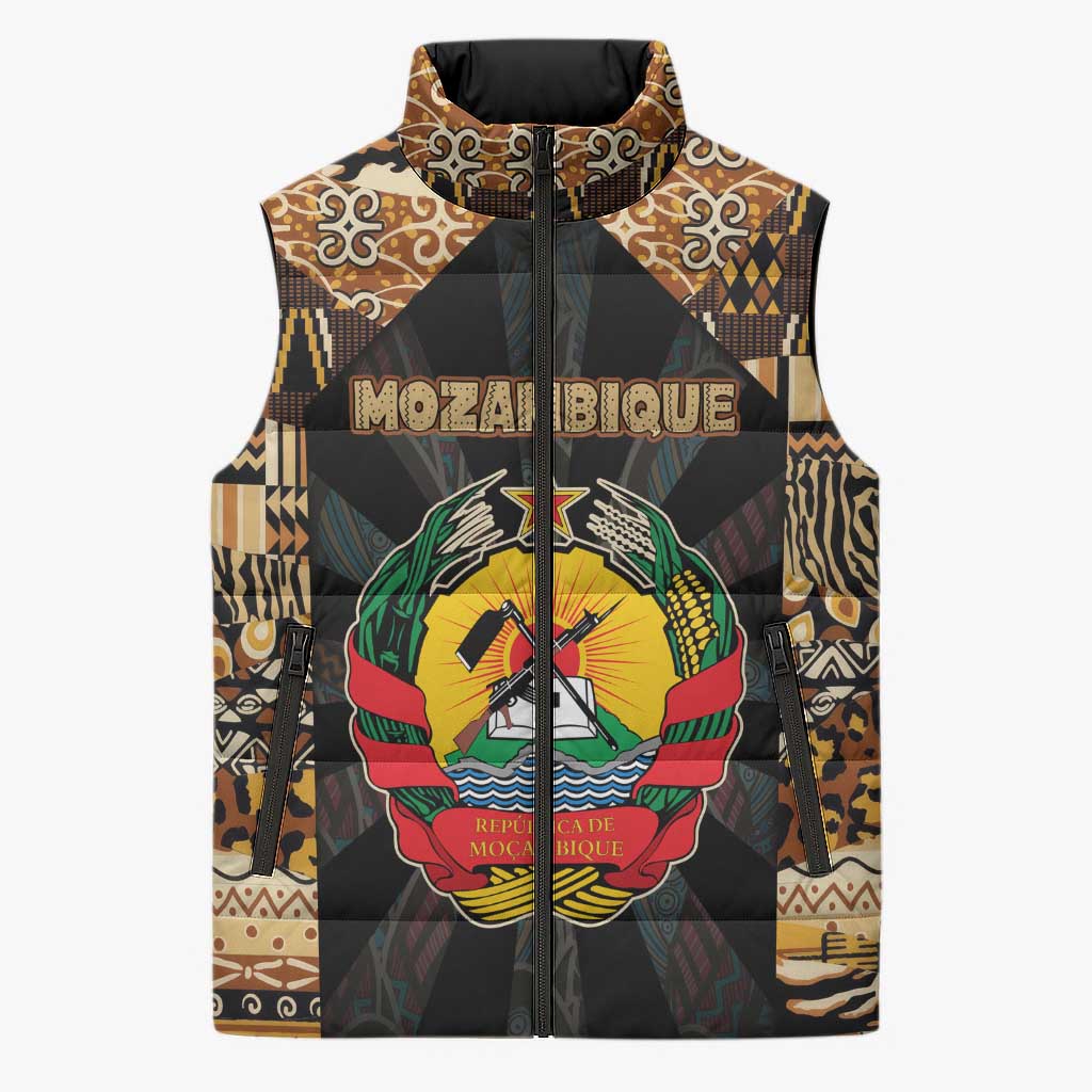 Mozambique Sleeveless Puffer Jacket with Black Brown Tribal Design and National Emblem - Wonder Print Shop