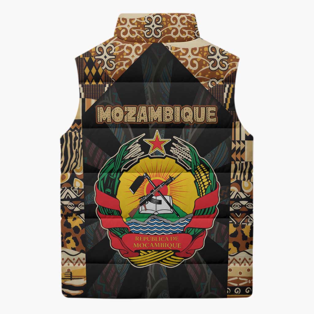 Mozambique Sleeveless Puffer Jacket with Black Brown Tribal Design and National Emblem - Wonder Print Shop