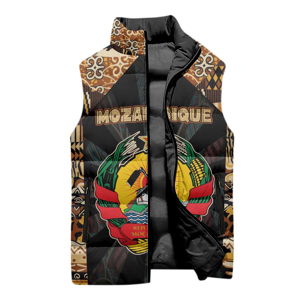 Mozambique Sleeveless Puffer Jacket with Black Brown Tribal Design and National Emblem - Wonder Print Shop