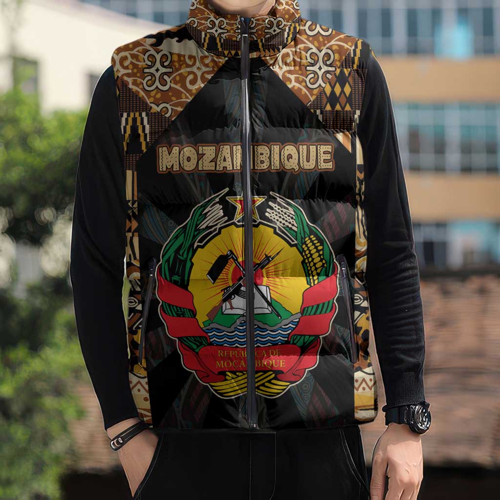 Mozambique Sleeveless Puffer Jacket with Black Brown Tribal Design and National Emblem - Wonder Print Shop