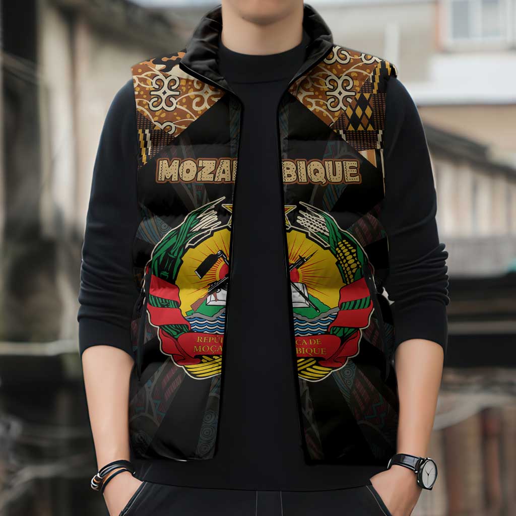 Mozambique Sleeveless Puffer Jacket with Black Brown Tribal Design and National Emblem - Wonder Print Shop