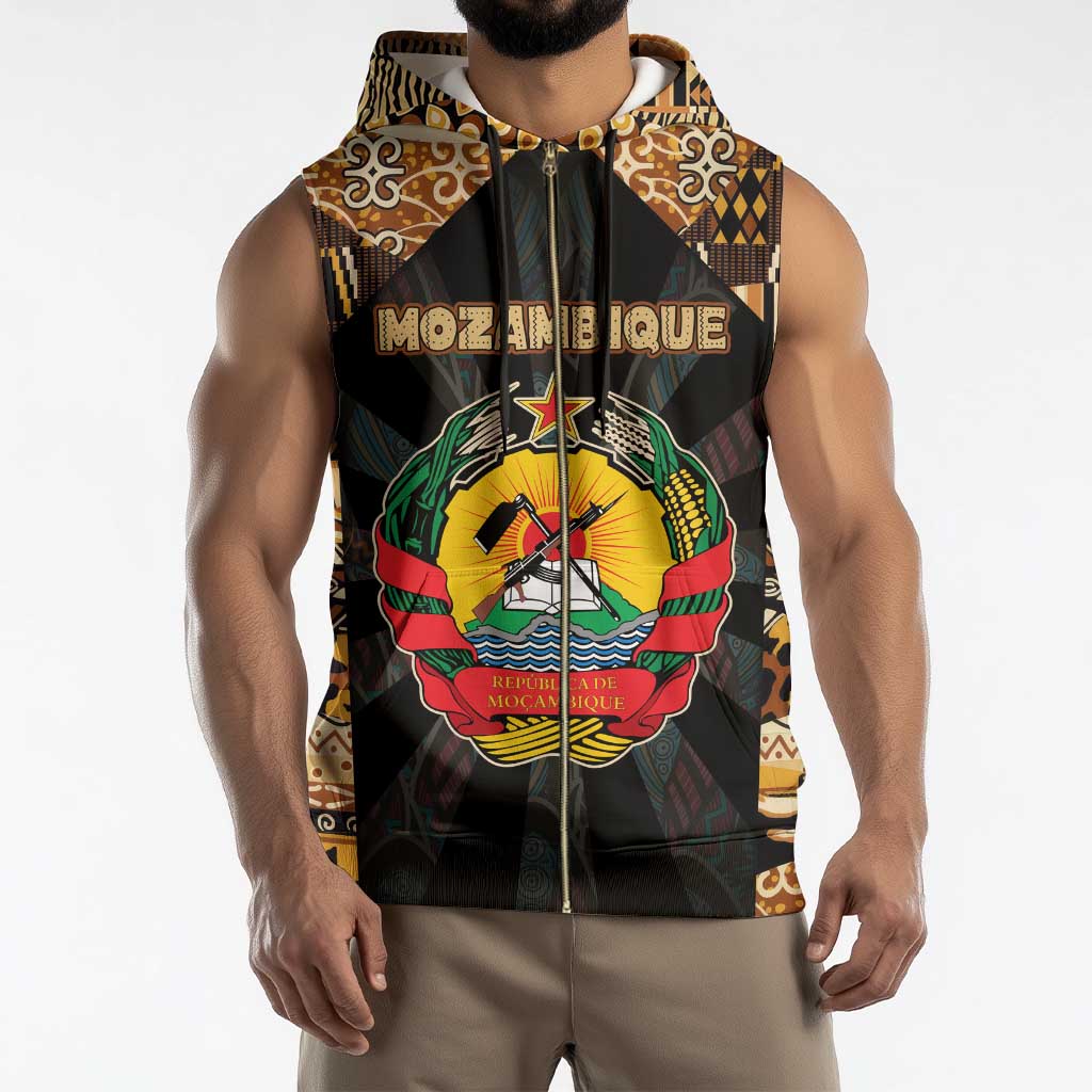 Mozambique Sleeveless Zip Hoodie with Black Brown Tribal Design and National Emblem - Wonder Print Shop