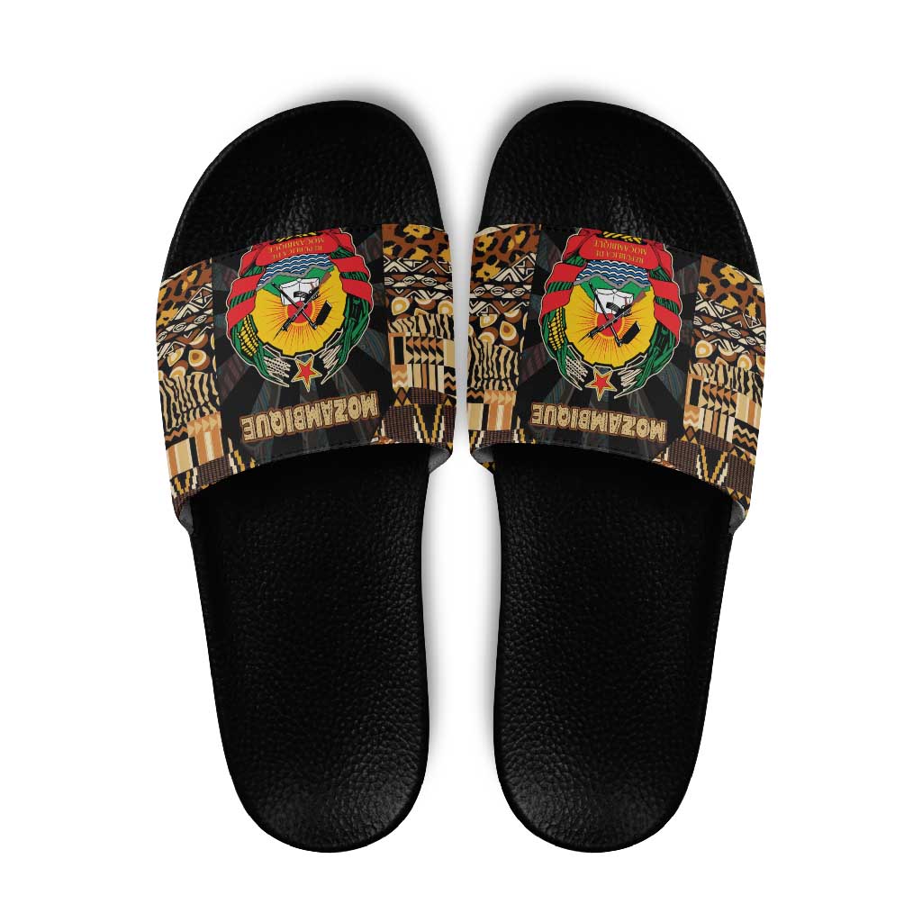 Mozambique Slide Sandals with Black Brown Tribal Design and National Emblem - Wonder Print Shop