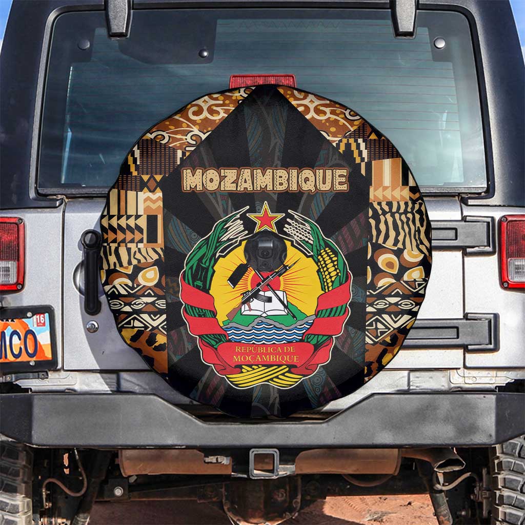 Mozambique Spare Tire Cover with Black Brown Tribal Design and National Emblem - Wonder Print Shop
