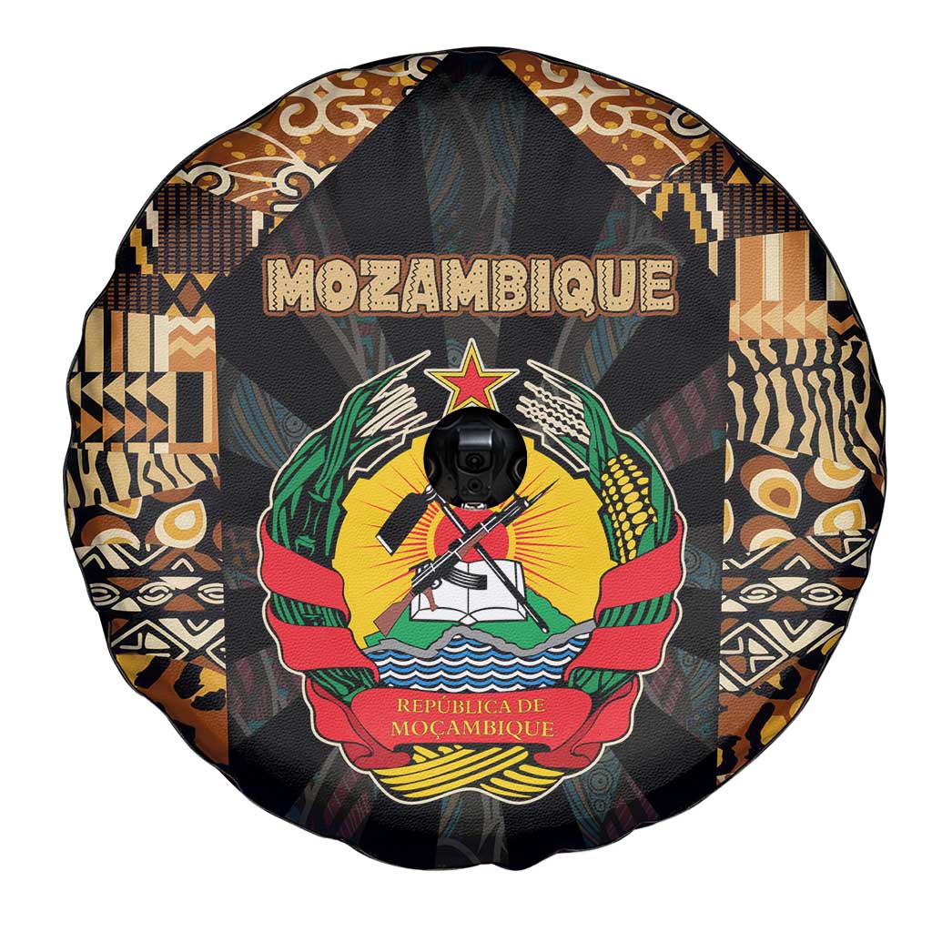 Mozambique Spare Tire Cover with Black Brown Tribal Design and National Emblem - Wonder Print Shop