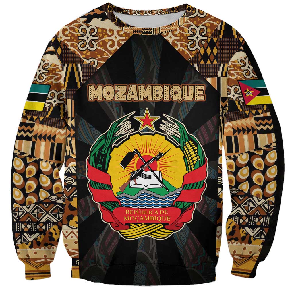 Mozambique Sweatshirt with Black Brown Tribal Design and National Emblem - Wonder Print Shop