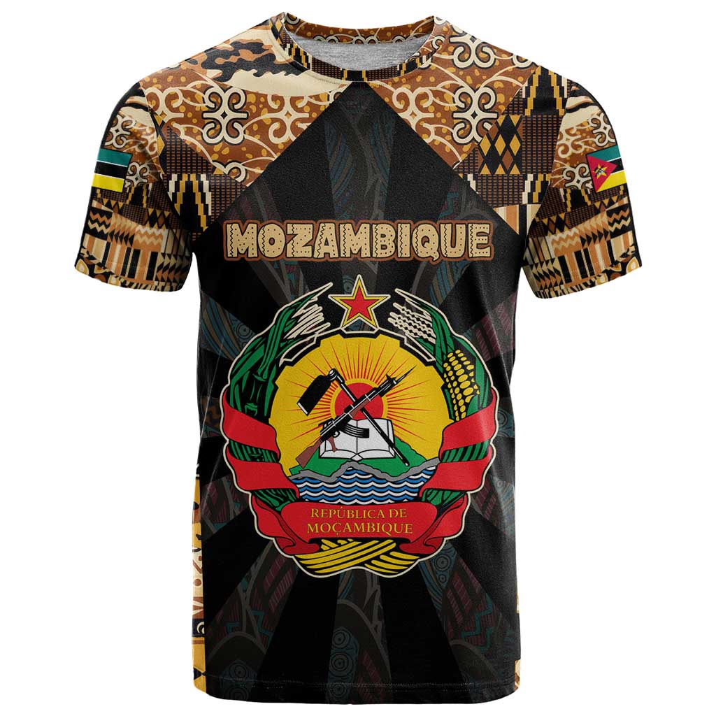 Mozambique T Shirt with Black Brown Tribal Design and National Emblem - Wonder Print Shop
